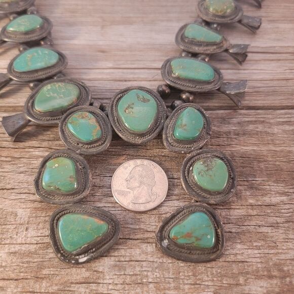 Vintage Old Pawn Green Blue Turquoise Squash Blossom Necklace - Picture 7 of 10